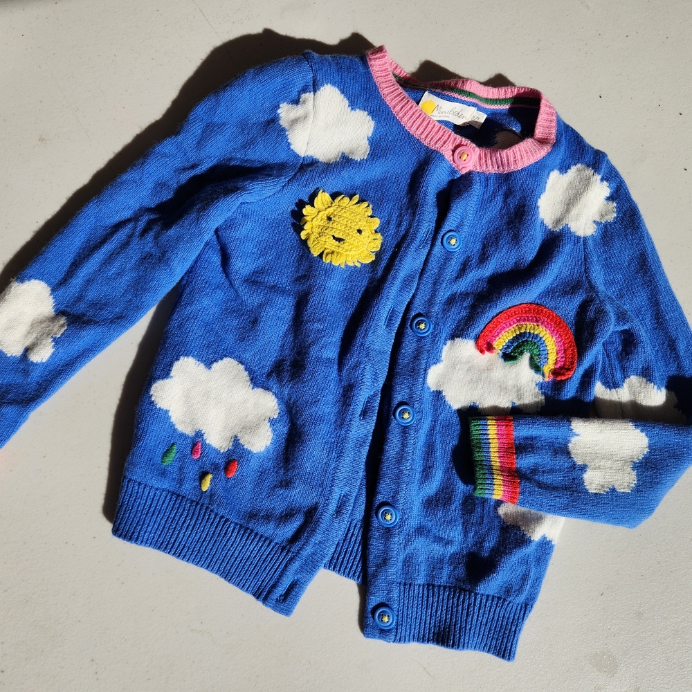 Mini Boden Blue Cardigan with Clouds and Rainbow